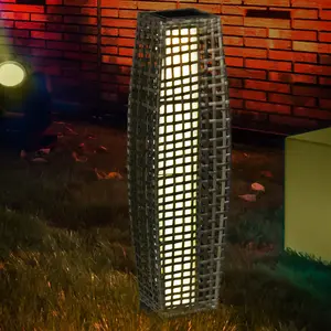 Gray PE Rattan Solar Floor Lamp 8.25W 8.25D 30.75H IP44 Waterproof Outdoor Garden Lantern Auto On Off 2500K Warm LED Light Energy Saving Decorative Pathway Lighting For Porch Yard Lawn Deck