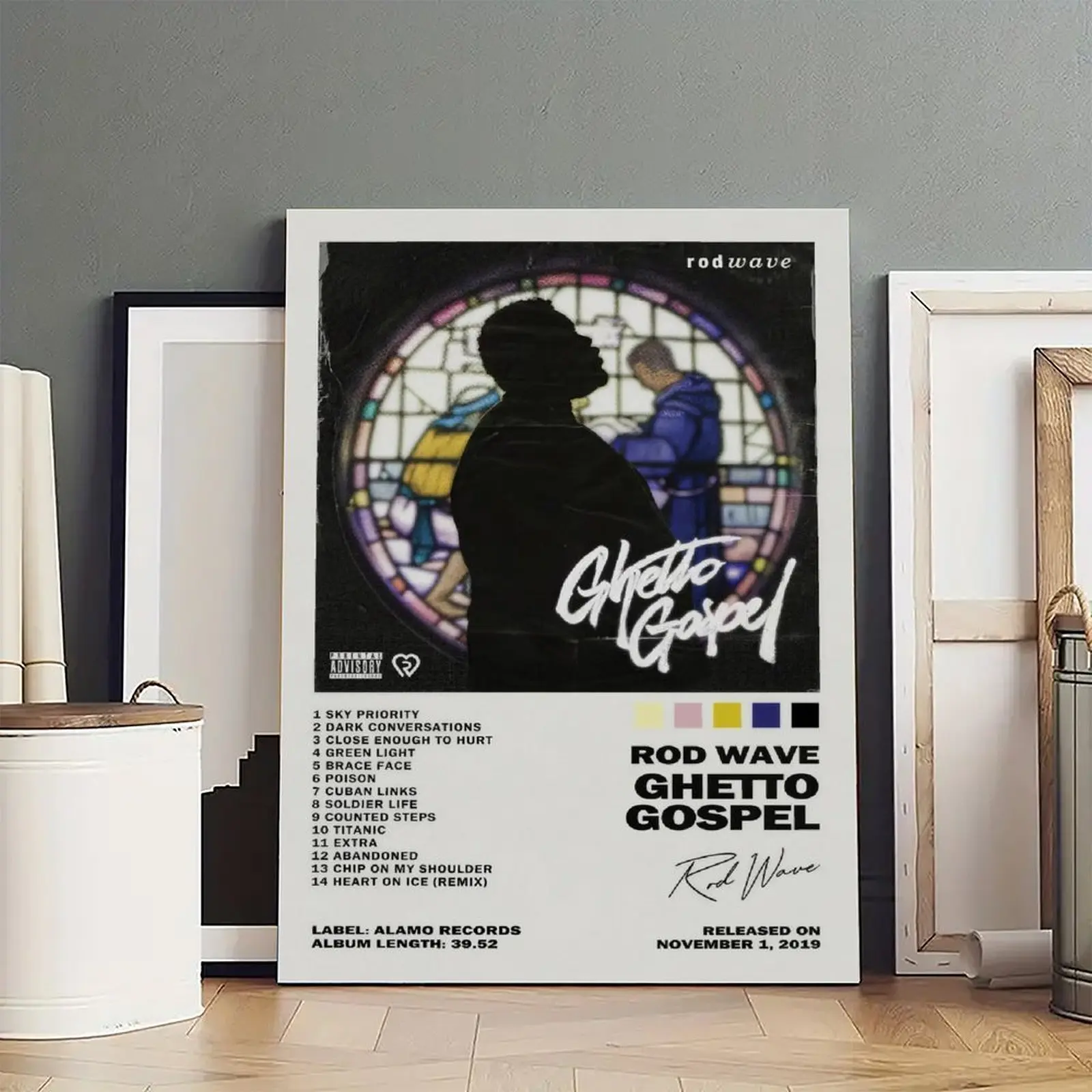 Rod Wave Ghetto Gospel Woody Frameless Canvas Wall Art, Home Supplies for Living Room & Kid Room, Balcony Wardrobe Decorative Poster Print Gift for Bedroom Office, Pine Wood