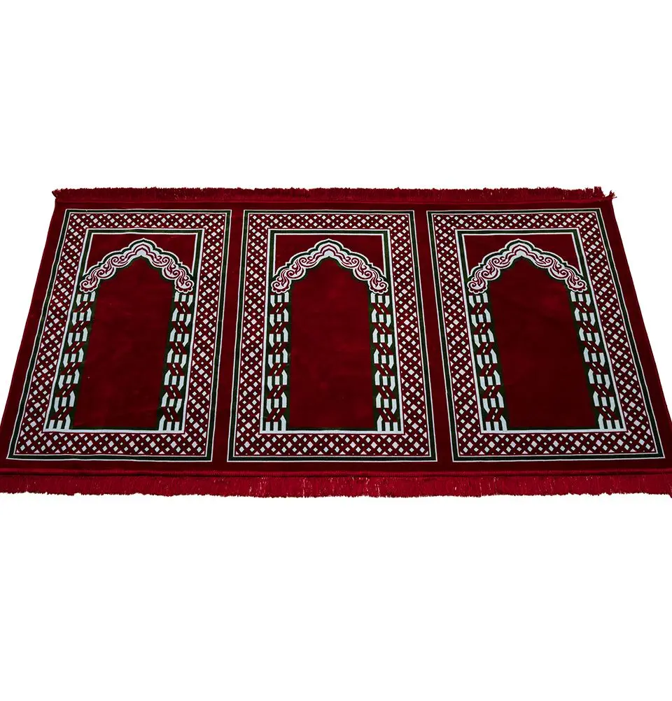 Wide 3 Person Islamic Prayer Rug - Vined Red
