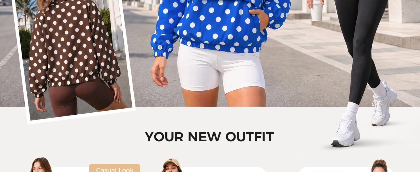 Fisoew Womens Polka Dot Quarter Zip Pullover UPF 50+ Windbreaker Jacket | Stand-Up Collar, Pocket, Oversized, Lightweight, Running, Hiking, Shirts