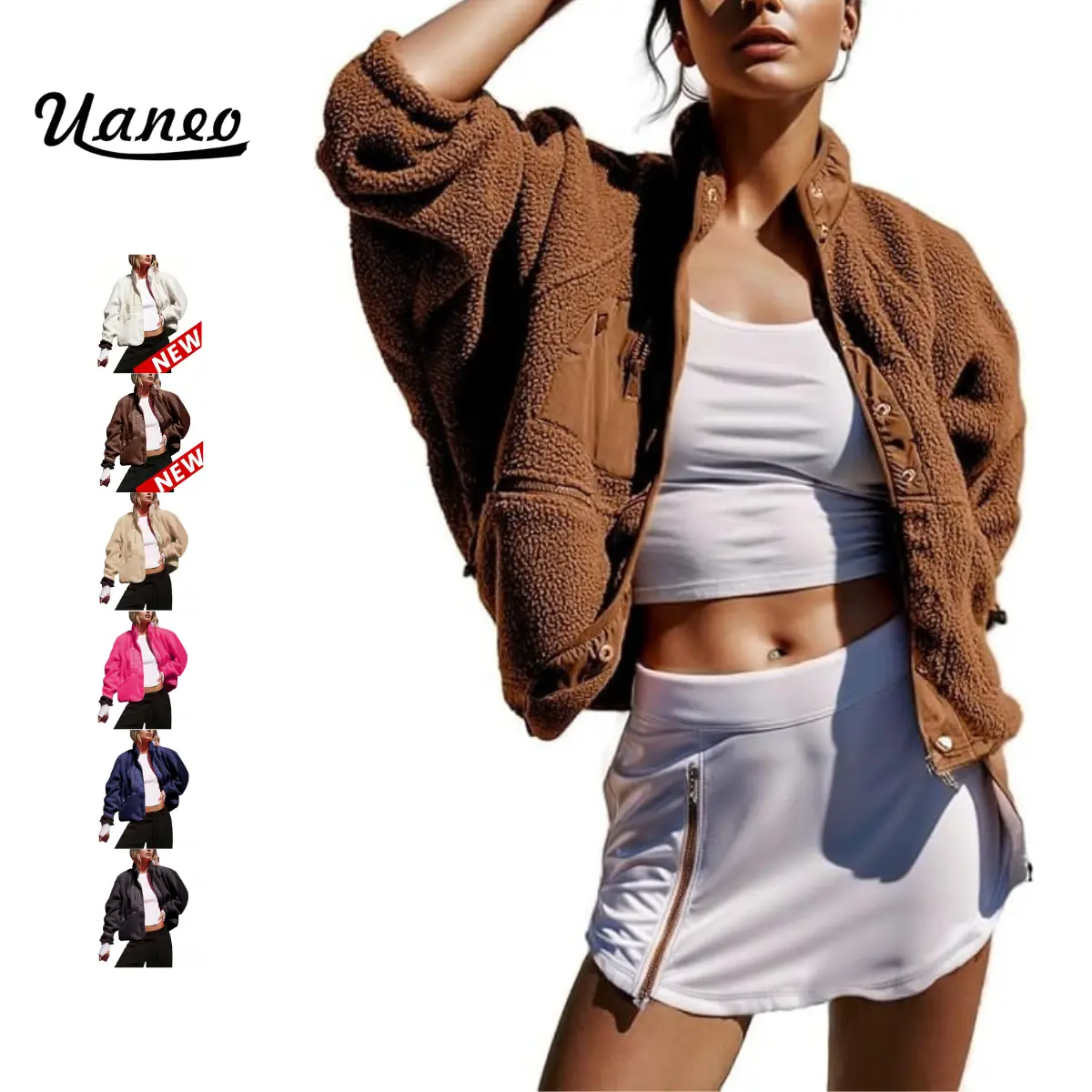 UANEO Women's Short Plush Wool Jacket With Lightweight Lining Casual And Warm Sherpa Jacket With Pockets For Winter TikTokShopBlackFriday