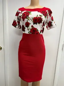 Red and White Flower Dress with Floral Top and Solid Red Bottom Elegant Simple Design for Various Occasions