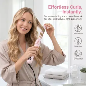 Rose Pink Automatic Curling Iron with 5.7" Extra Long Barrel, Smart Auto-Rotating Hair Curler with LCD Display, Rapid PTC Heating & Ceramic Coating, Anti-Scald Lazy Styling Tool for Long Hair, Ideal Gift