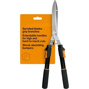 Extendable Hedge Shears, Self-Sharpening Serrated Steel Blades for Clean Cuts, Handles Adjust 25"-33" for High Reach, Multiplies Leverage for 2x Power, 10" Blades, Orange/Black