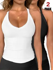 Workout Tops for Women Racerback Basic Tank Summer 2026 Camisole V Neckline Slim Fit Fitted Ribbed Sleeveless