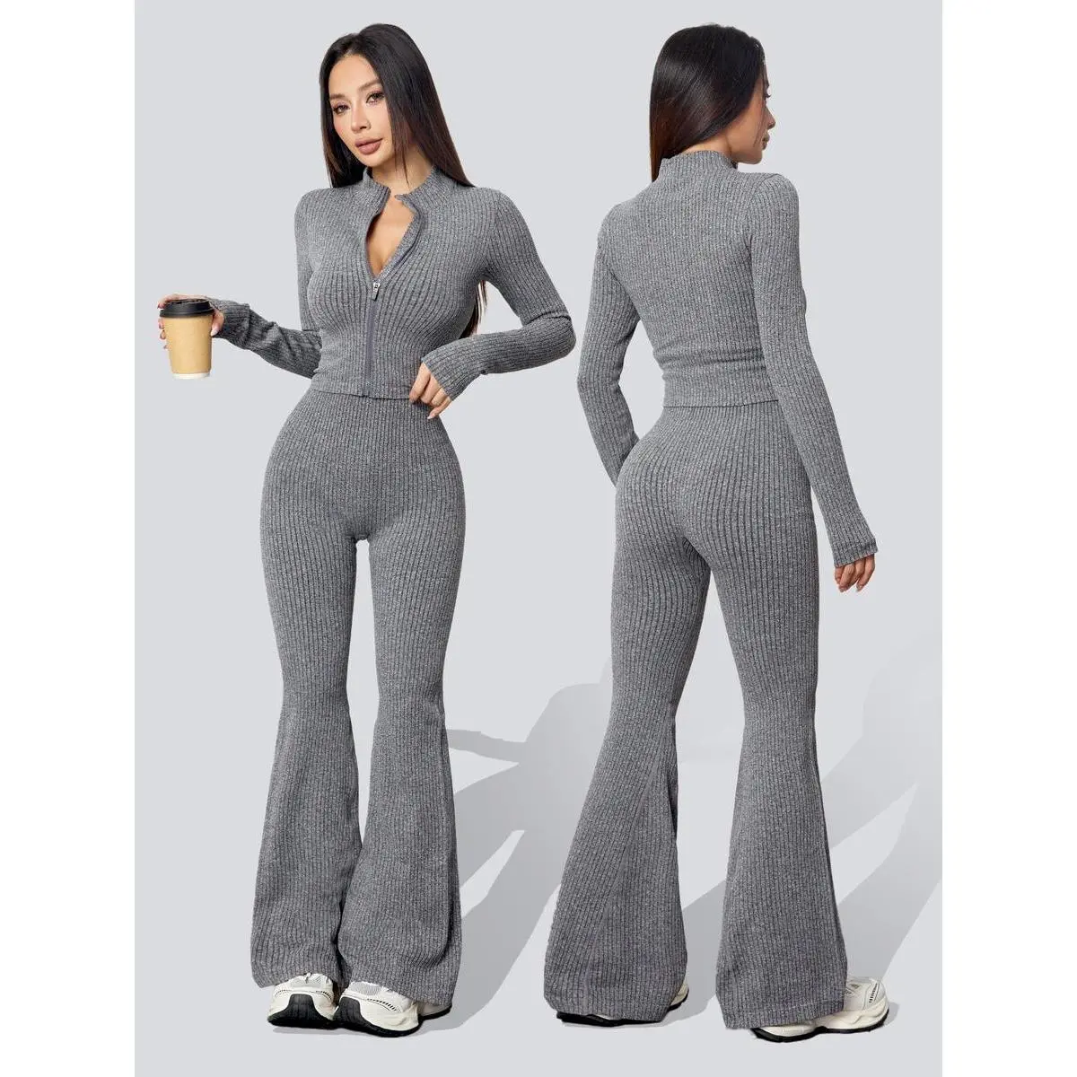 Women's Two-Piece Set, Knit Tracksuit Matching Set, Autumn Winter Knit Ribbed Jacket & High-Waisted Flare Pants, Casual Fitted Outfit for Yoga Gym