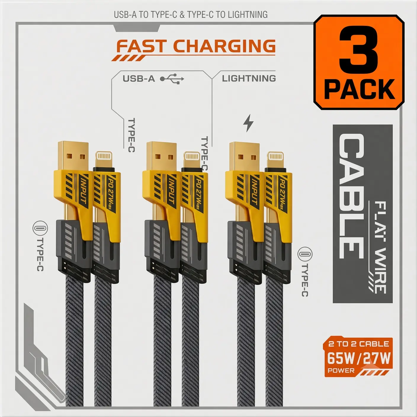 3 Pack Bundle of Fast Charging Cables USB-A to Type-C & Type-C to Lightning 65W/27W Power Flat Wire Cables (PS)