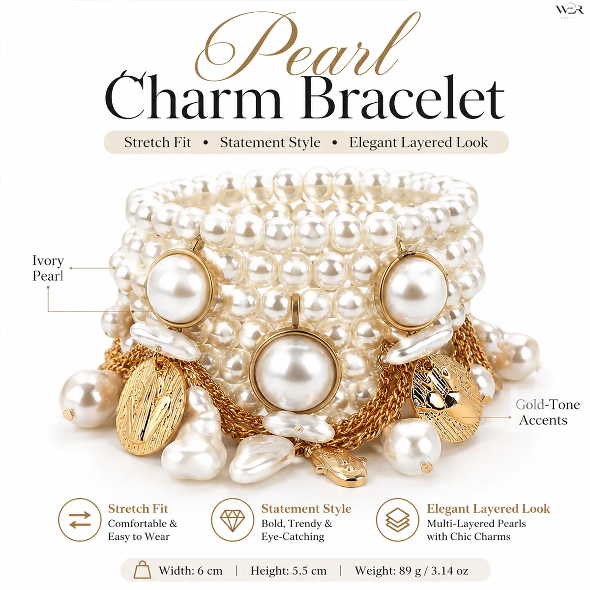 Women's Pearl Charm Bracelet - Classic Multi-Layered Ivory & Gold-Tone Stretch Statement Piece, 89g Lightweight Gold Aesthetic Accessory with Charm Accents, Divine Feminine Daily Wear Jewelry, Statement Pieces, Girls Who Love Pearl, Beaded Pearl Bracelets