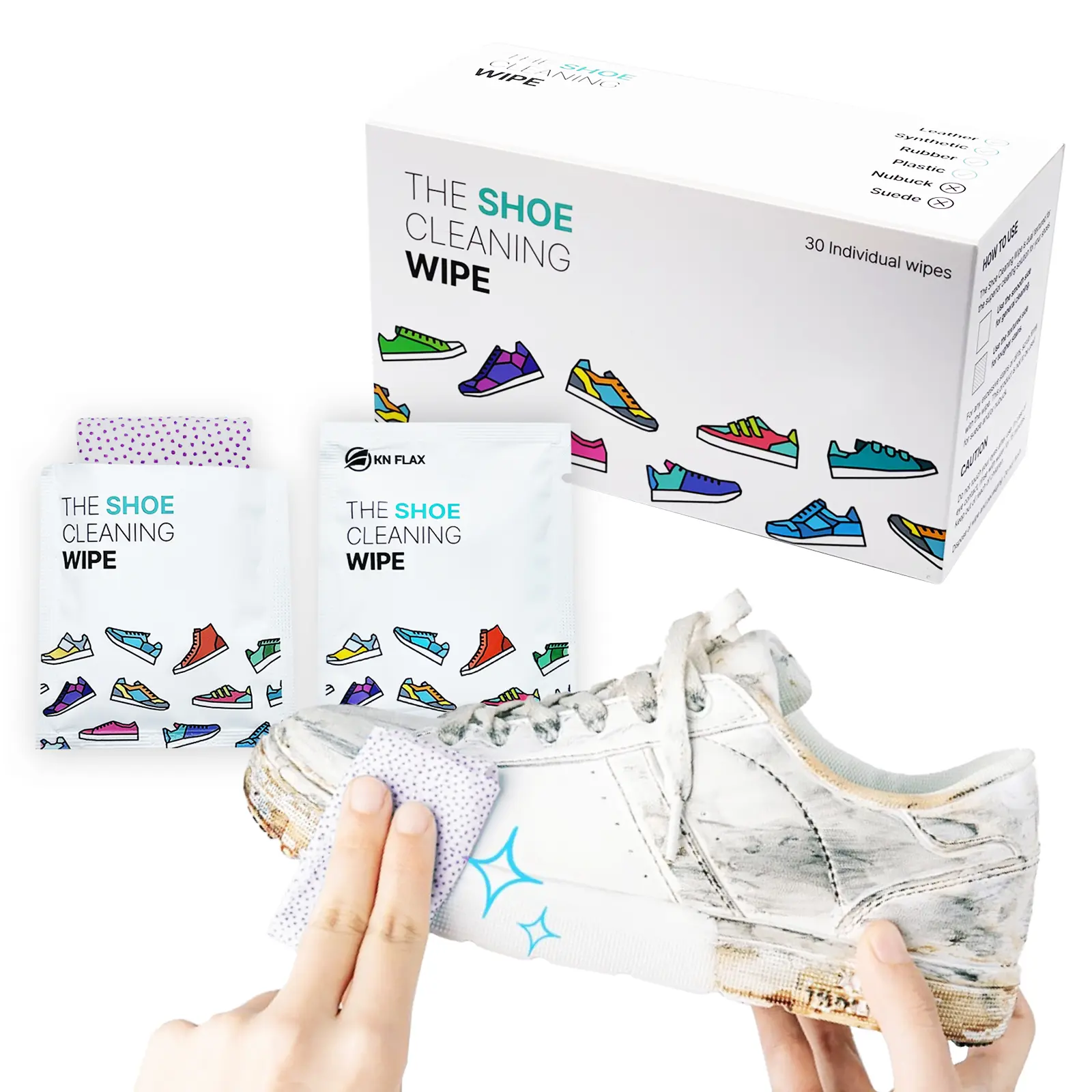 KN FLAX The Shoe Cleaning Wipe Quick Sneaker Wipes (30 Count - Individually Packed) Dual Texture for Stubborn Scuff, Dirt and Stain on Leather, Rubber Sneakers & Boots; Easy to Use, On-The-Go