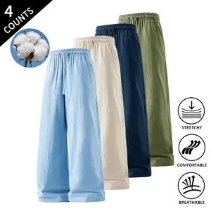 Summer wins! Men’s 4-Pack Wide-Leg Casual Pants – Elastic Waist with Drawstring, Stretchable, Breathable, Comfortable Loose Fit for Everyday Wear
