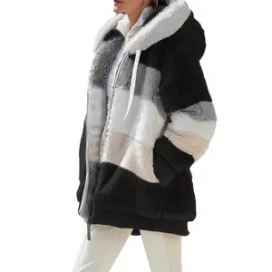 Women's Chic Purple & White Color Block Hooded Coat - Long Sleeve, Zip-Up Plush Jacket with Pockets, Casual Loose Fit for Fall/Winter Streetwear, Leisure Style, Leisure Outing Occasion, Autumn/Winter