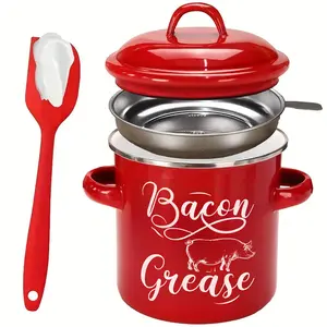 Enamel bacon oil container 46OZ, with stainless steel filter and red silicone spatula, double handles, kitchen fat storage, farmhouse edible oil container Canister