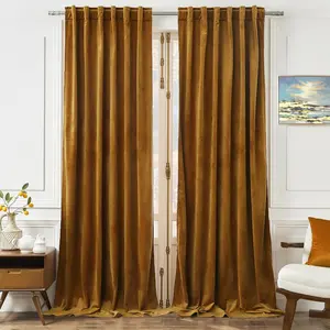 Timeper Velvet Curtains 84 inches - Retro Heavy Gold Blackout Velvet Curtains Drapes with Rod Pocket Back Tab Design Light Blocking Home Decoration for Living Room, Gold Brown, 52Wx 84L, 2 Panels