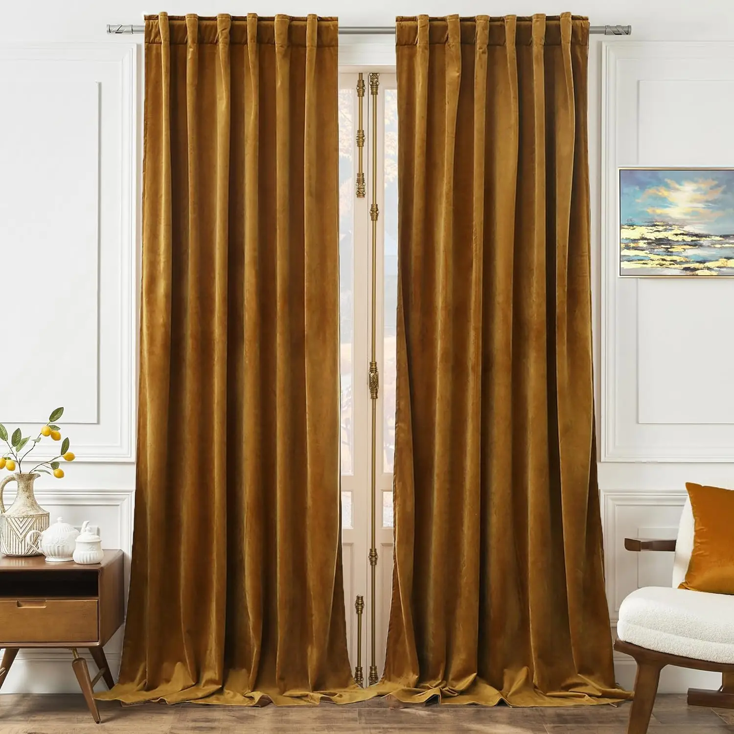 Timeper Velvet Curtains 84 inches - Retro Heavy Gold Blackout Velvet Curtains Drapes with Rod Pocket Back Tab Design Light Blocking Home Decoration fo