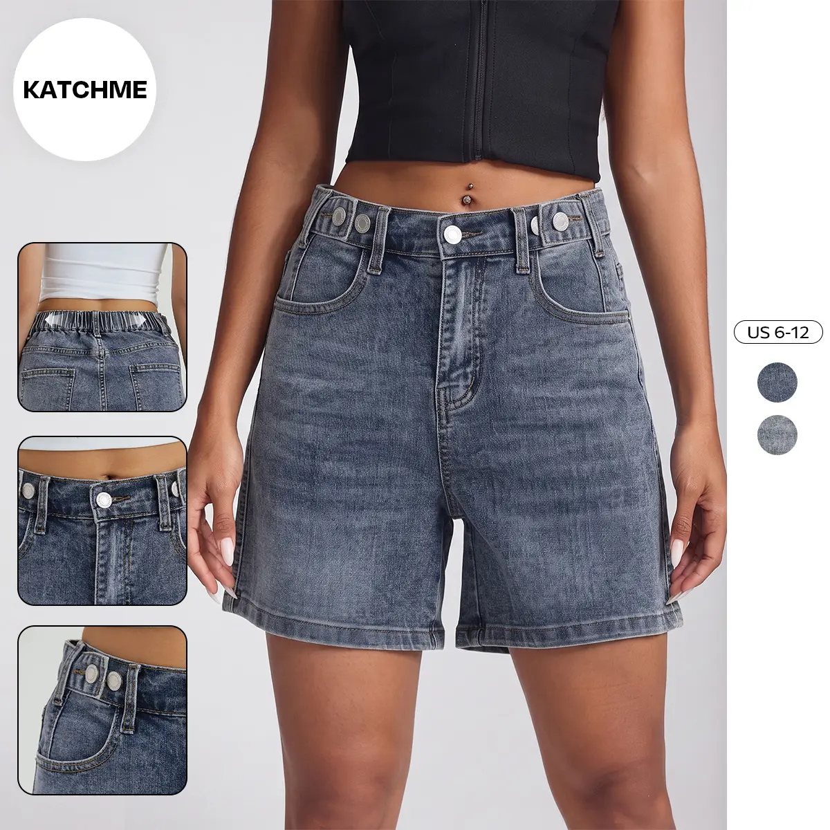 Katch Me Chic Women's Chic High Waist Adjustable Button Multi-Pocket Durable Denim Shorts, Versatile Loose Stretch Bottom, Street Womenswear, Wrinkle-Resistant Bermuda Shorts