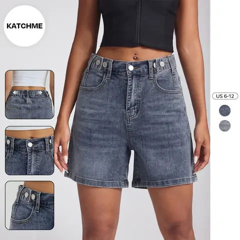 Katch Me Chic Women's Chic High Waist Adjustable Button Multi-Pocket Durable Denim Shorts, Versatile Loose Stretch Bottom, Street Womenswear, Wrinkle-Resistant Bermuda Shorts