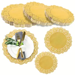 100pcs Cake blotting paper Golden Round Paper Lace Doilies Paper Placemats Doily, Decorative & Disposable For Dessert Fried Food, Wedding Party Tableware Decoration, Cake Packaging