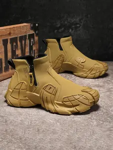 Men's PU Leather Motorcycle, Fashionable High-Top Boots with Side Zipper, Non-Slip Thick Sole, All Season Wear, Sport Ankle Boots