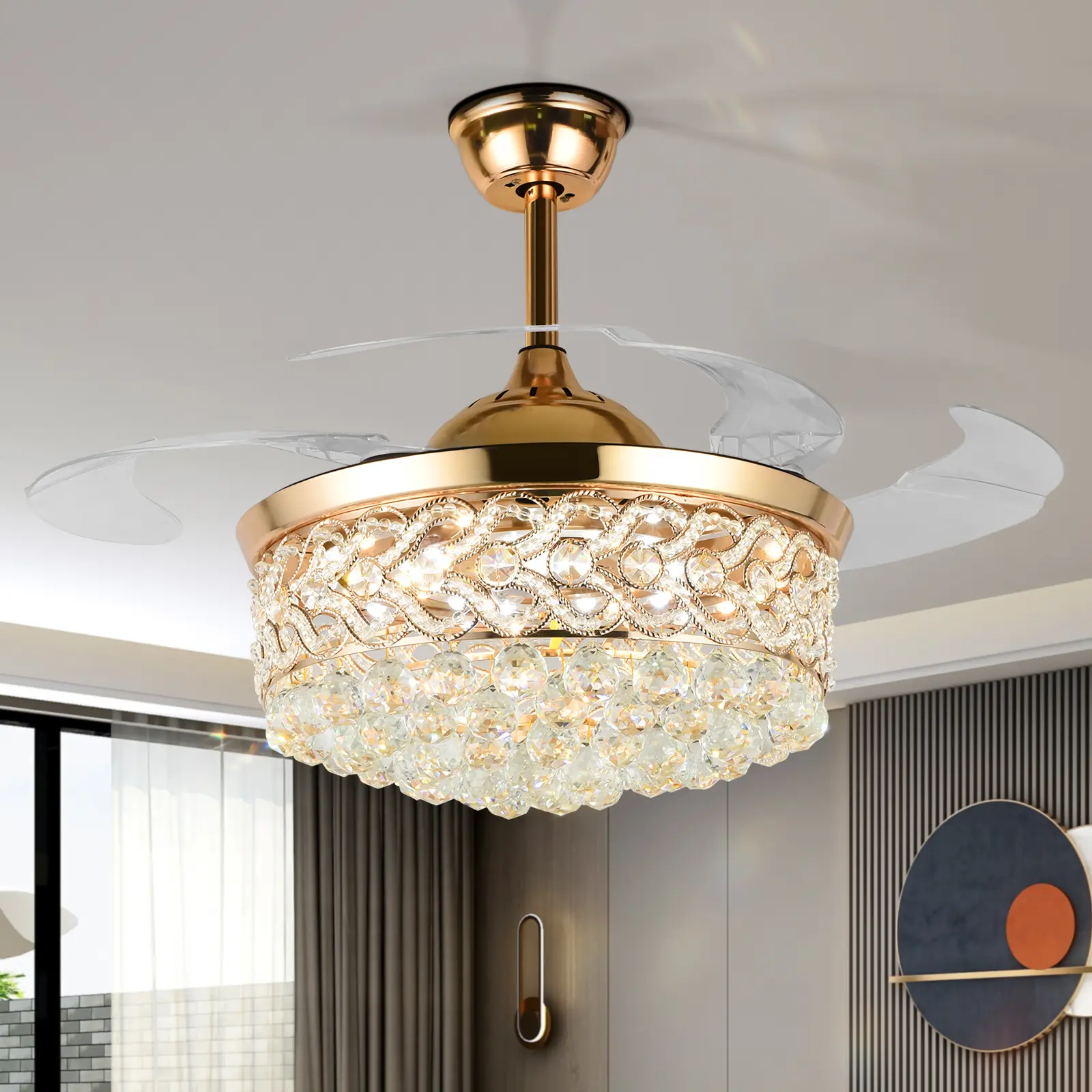 42 Inch Gold Heart Crystal Retractable Ceiling Fan Light, 3-Color Dimmable LED, Remote Control 110V Modern Farmhouse Living Dining Room Combo Fan Chandelier