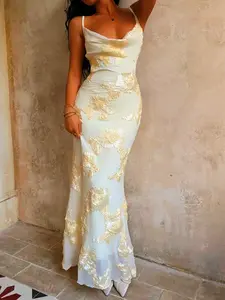 Elegant Mermaid Dress for Women, Champagne Color, Deep V Neck, Full Back Zipper, Floral, Perfect for Parties, Dates, Weddings, Summer Vacation