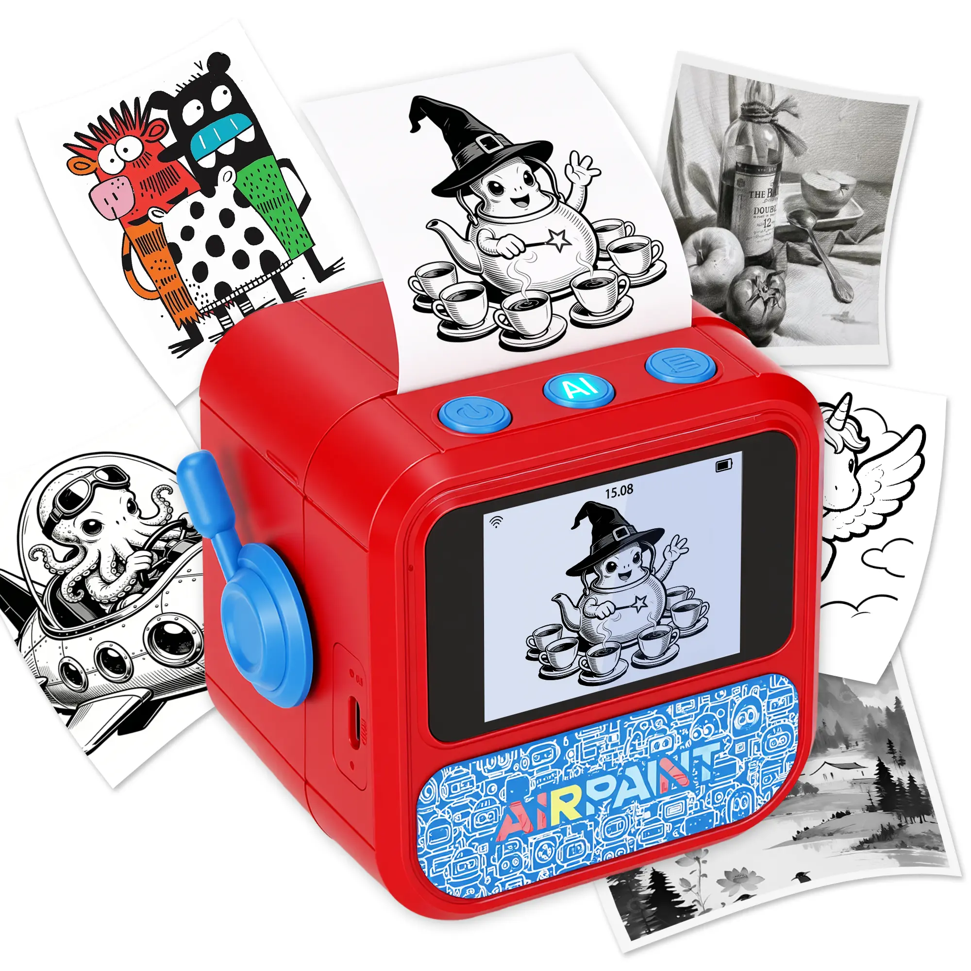 AI Voice Sticker Printer Box – Portable Mini Sticker Maker with HD Display, Inkless Thermal Printing, Carry Handle & 5 Rolls of Sticker Paper for DIY Crafts, Notes & Creative Fun