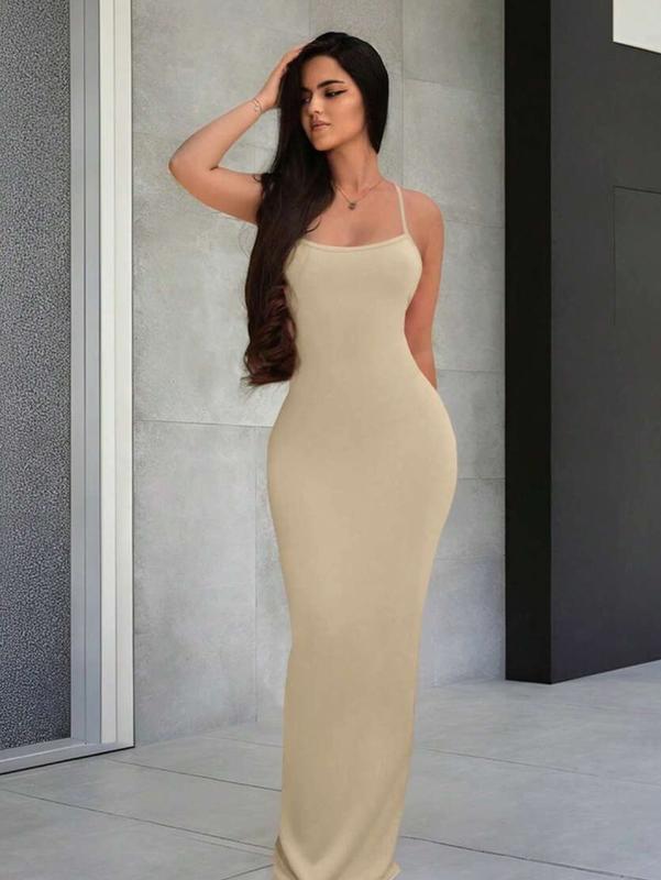 Women's Black Spaghetti Strap Backless Sleeveless Dress for Formal & Evening Occasions Pencil Hem Natural Waist Regular Fit Long Knitted Fabric