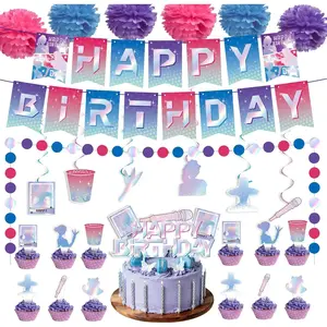 41 count K-Style Idol Birthday Party Decorations Set,  Blue  Theme with Banner, Cake Topper, 24 Cupcake Toppers,  Swirls, Honeycomb Balls & Garland, -in- Party Kit