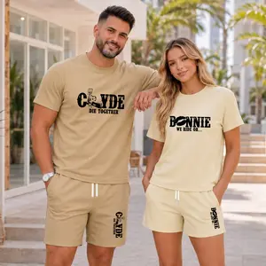Couples’ Bold Letter Graphic T-Shirt and Shorts Set, Casual Summer Two-Piece Outfit with Drawstring Shorts for Home and Outdoor Activities