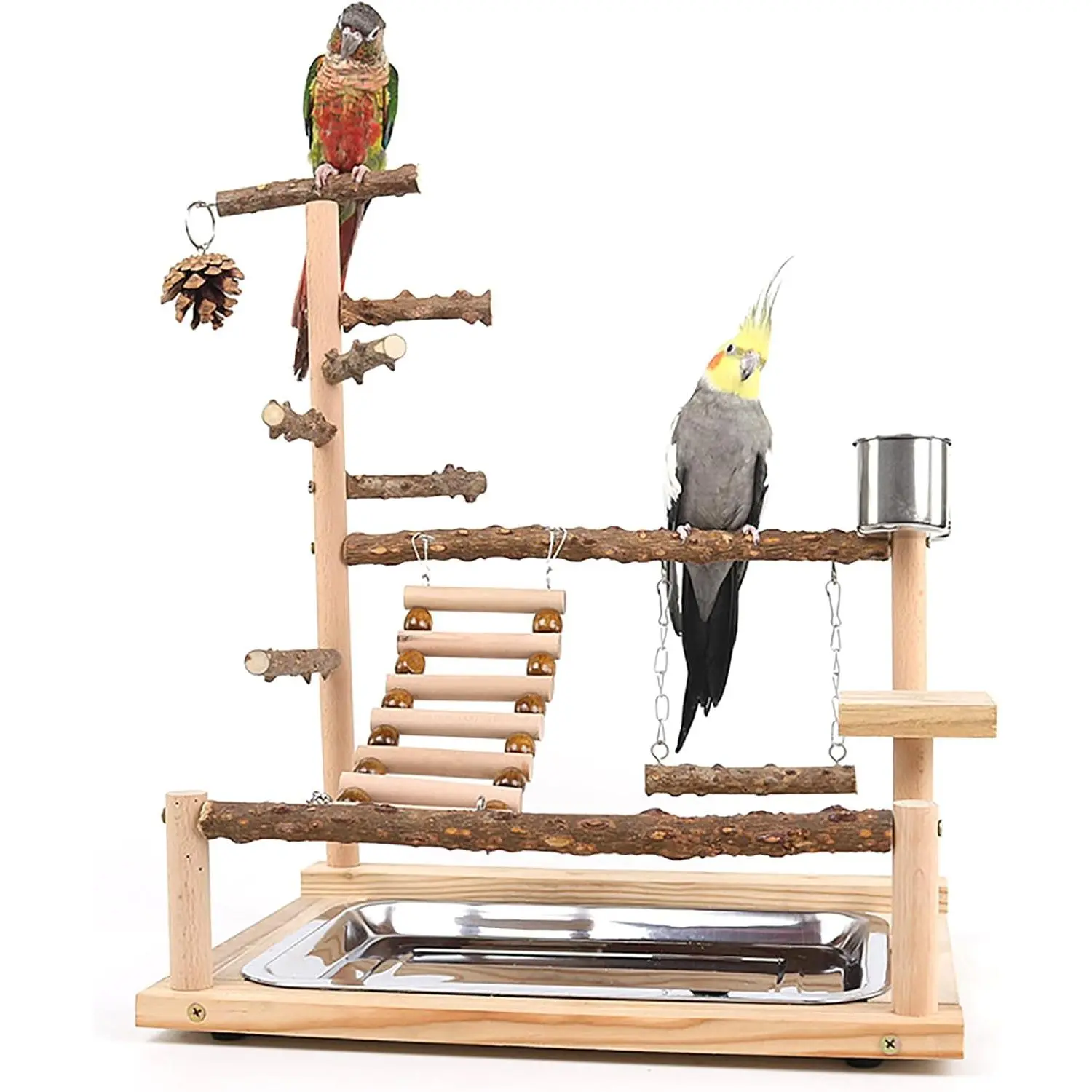 Bird Playground Parrots Wooden Playstand Birdcage Play Gym Parakeet Playpen Ladder with Feeder Cup and Tray Swing Exercise Bird Toys