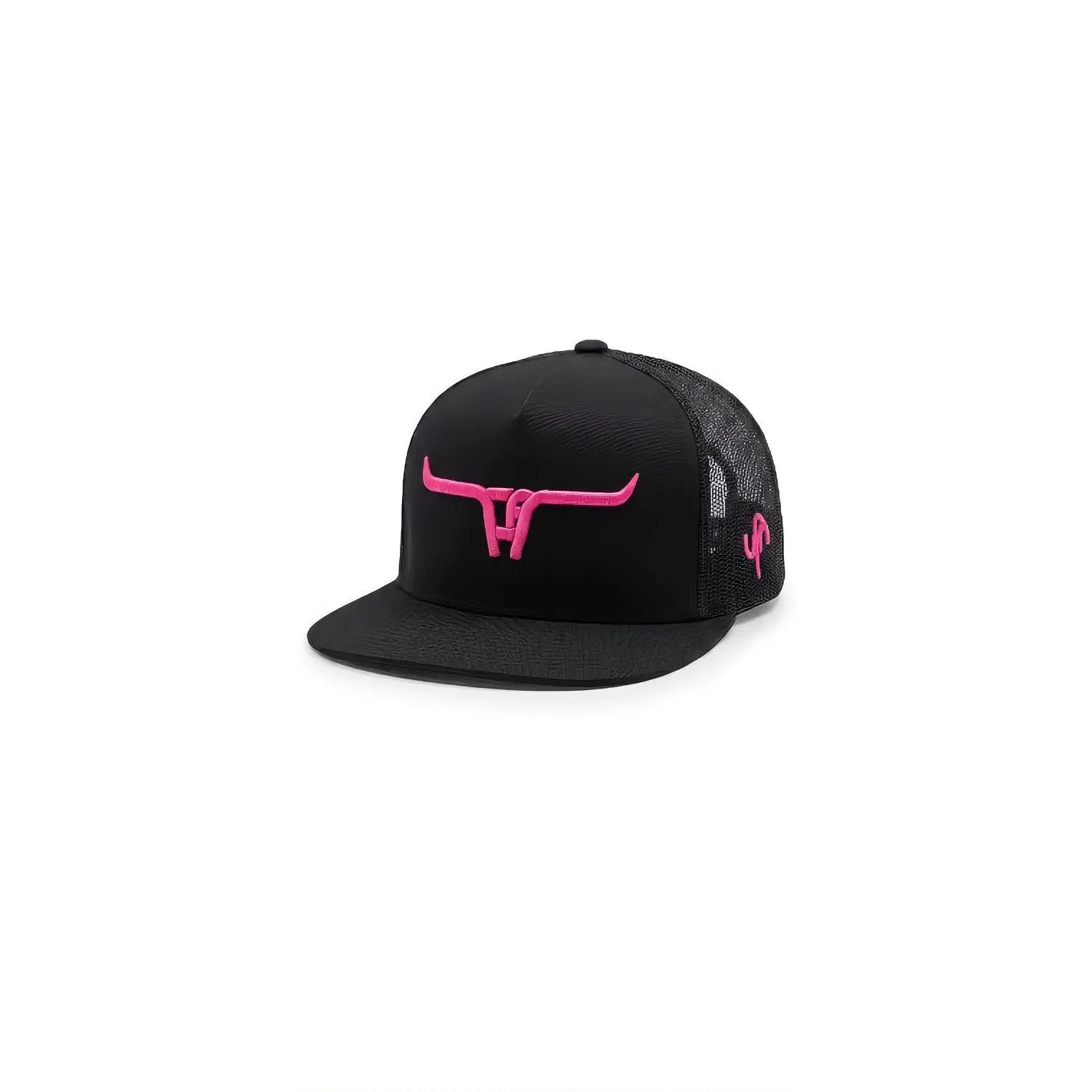 Black Snapback Hat with Pink Logo and Mesh Backing