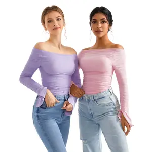 OMKAGI Women Long Sleeve Tops Boat Neck Off Shoulder Shirts Fitted Going Out Y2K Crop Top