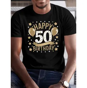 50th Birthday Celebration Men's Casual Polyester Crew Neck T-Shirt With Geometric Print And Comfortable Stretch Fabric For Summer Wear