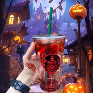 [Spring Deals] Coucur Halloween Plastic Tumbler Cup Set (includes lid and straw): Design with various pumpkin, ghost and bats— Reusable 450ml/720ml blood-red travel mug, perfect for iced coffee and other beverages — Festive horror party supplies