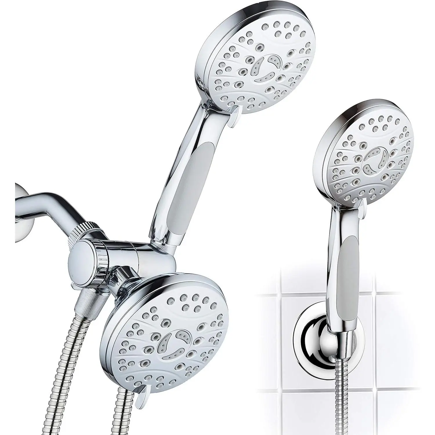 AquaSpa High  48-mode Luxury 3-way Combo - Dual Rain & Handheld Shower  - Extra Long 6 Foot Stainless Steel Hose - Anti Slip Grip - All Chrome Finish - Extra Wall Bracket