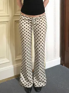 Women's Low Waist Drawstring Polka Dot Flare Pants, Slim-Fitting Knit Casual Leggings, Retro Style Spring & Fall Fashion, Bohemian Bottom
