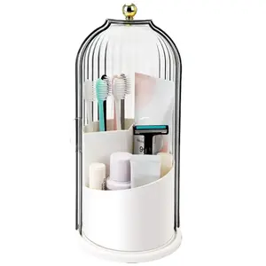 Dustproof 360° Rotating Makeup Brush & Toothbrush Organizer, Acrylic Cover Bathroom Countertop Storage Box, Large Capacity Vanity Organizer for Cosmetics Skincare Supplies Summer Home Essentials