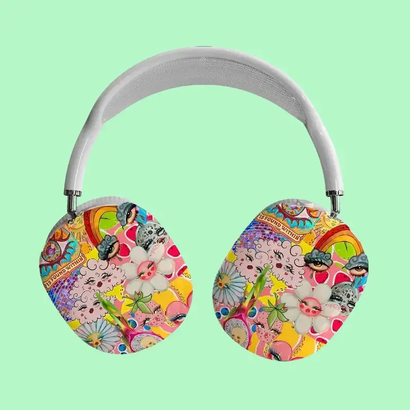 Trippy Psychedelic Airpods Max Case, Artistic Y2K Graffiti Print Protective Ear Cup Shells, Vibrant Surrealist Art Headphones Protector, Coquette Pink Floral & Dragonfruit Hard Cover, Trendy Maximalist Tech Accessory