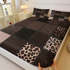 Warm Brown Leopard Print Patchwork Fitted Sheet Set, Includes 1 Bed Sheet & 2 Pillowcases, Ultra-Soft Microfiber, Stylish Earthy Tone Leopard Pattern, Deep Pocket Design for All Mattresses, Vibrant Bedroom Decor for Teens & Young Adults