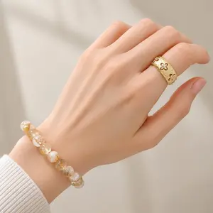 Man-made citrine bracelet paired with vintage open yellow ring, symbolizing wealth, prosperity and confidence, elegant and unique wearable accessory, delicate bangle, perfect gift, healing crystal bracelet