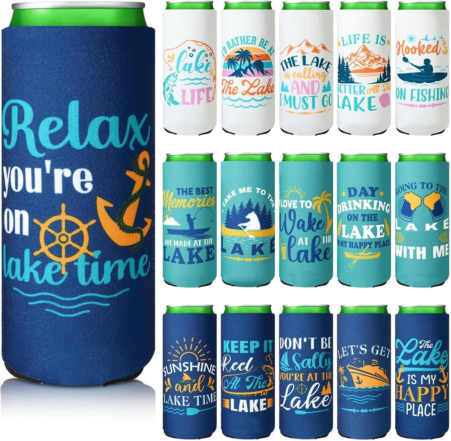 Funnymoom 16 Pcs Lake Themed Can Coolers Sleeves Fishing Pattern Insulated Cooler Covers Bulk Summer Reusable Neoprene Coolers Sleeves for 12 oz Beverage Soda Holiday Pool Party Supplies