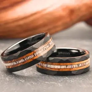 Unique Whiskey Barrel Ring with Wood Grain & Burnt Antler Design | Engagement Jewelry for Men & Women