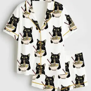 Noodle Cat Short Sleeve Satin Pajama Set, Sleepwear, Cute Funny Noodle Cat Print PJs, Adults Youth & Kids Pjs