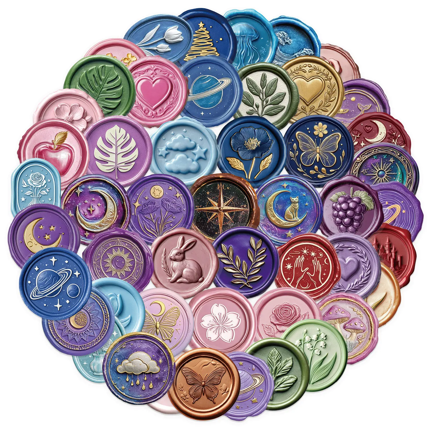 Wax Seal Sticker Pack – 50 Waterproof Decorative Stickers with Clear Borders and no Repeated Designs