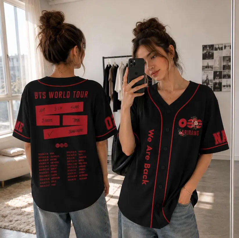 Custom Bang-tan Concert Baseball Jersey, The Arri-rang Tour Outfit, Oversized Button Up Jersey, Y2k Streetwear Shirt, Unisex Fan Apparel