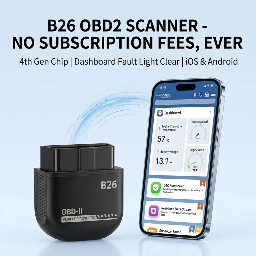 B26 Bluetooth OBD2 Scanner for iOS & Android - Subscription-Free Car Diagnostic Tool with 4th-Gen Chip, Full ECU Code Reader, Cranking Battery Tester & Dashboard Check Engine Light Clear Tool vehicle