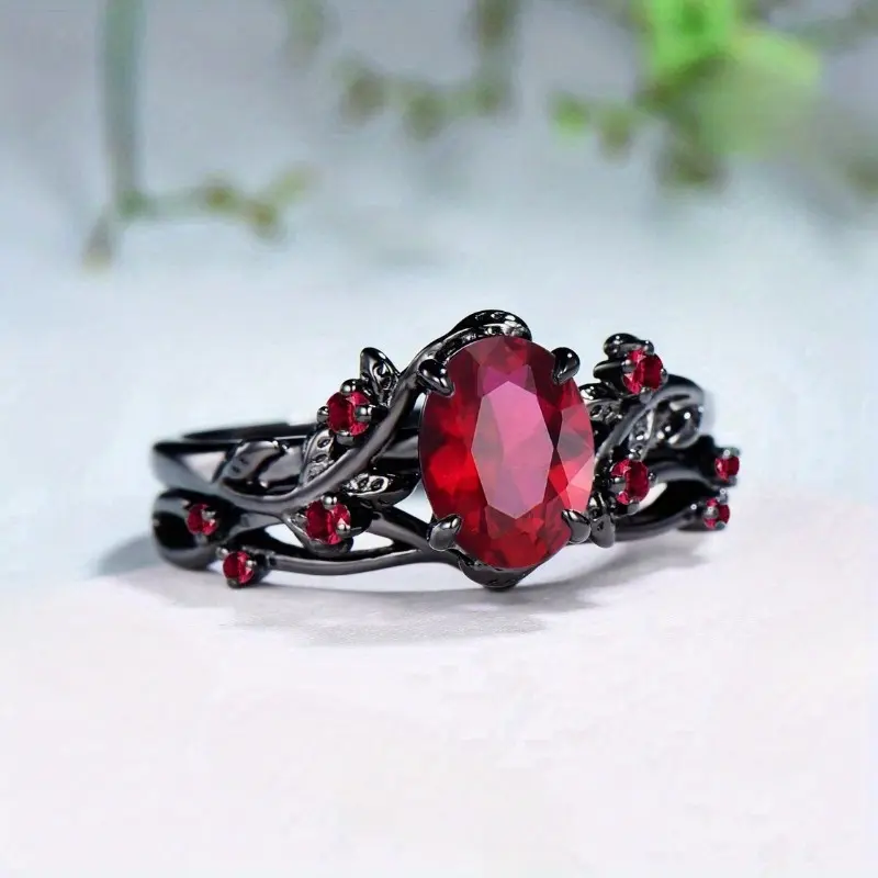 Floral Vine Ring Set for Women, 925 Silver 2-Piece Combination Stacking Rings with Red Gemstone, Black Fashion Jewelry for Daily Wear
