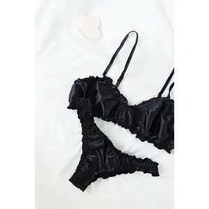 Black Silk Ruffled Bralette and Underwear Set