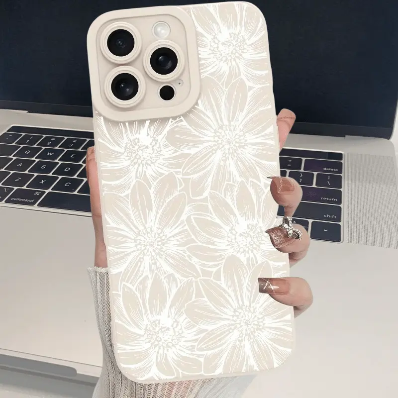 1pc Chic Ivory-White TPU Shockproof Smartphone Casing - Handheld Device Protection with White Chrysanthemum Pattern, Mobile Accessory for iPhone 16,15,14,13,12,11,XS,Pro Max Series, Ideal Birthday Gift for Partner, Devices