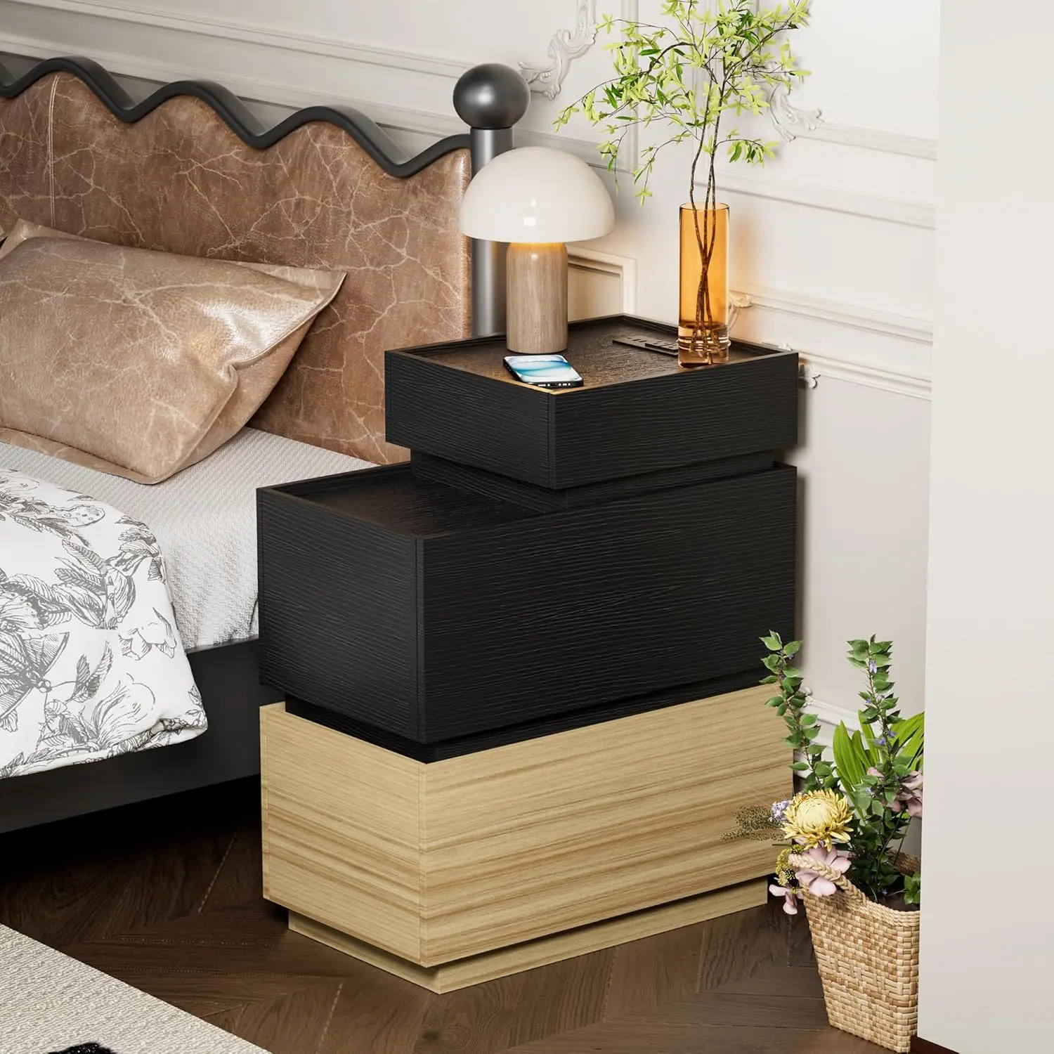 UEV Sturdy 3-Tier Narrow Side Table - Indoor Furniture with Storage, Charging Station, Drawers, USB Ports, Power Outlets for Living Room, Bedroom (Black, Brown)