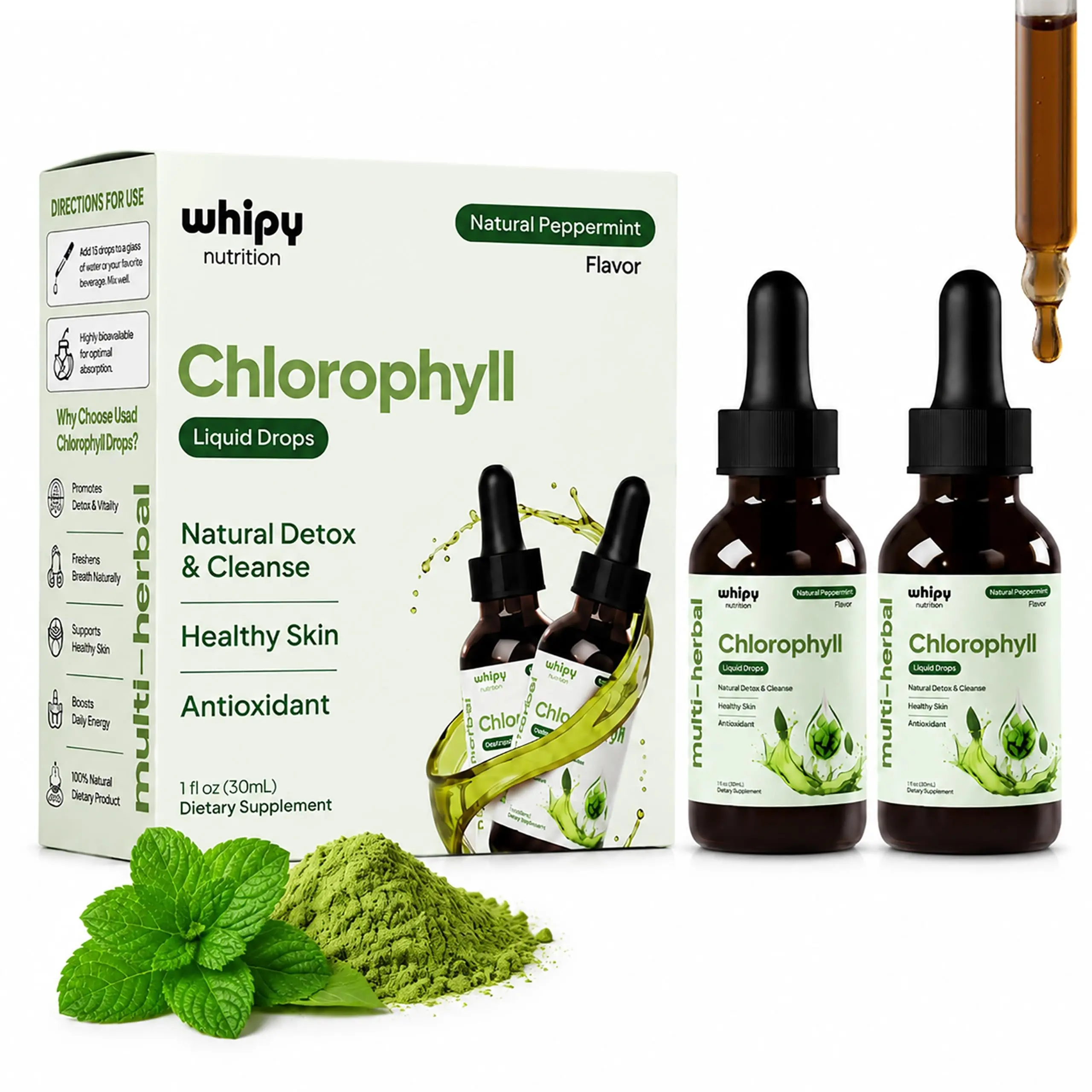 Whipy Nutrition, Liquid Chlorophyll Drops 2 Pack (60ml Each) – Organic Chlorophyll Supplement for Gut Health, Energy, Skin Support & Daily Detox – Vegan, Natural Peppermint Flavor